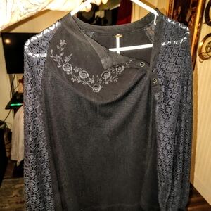 Free People Black Knit Top with Contrast Tag Detail